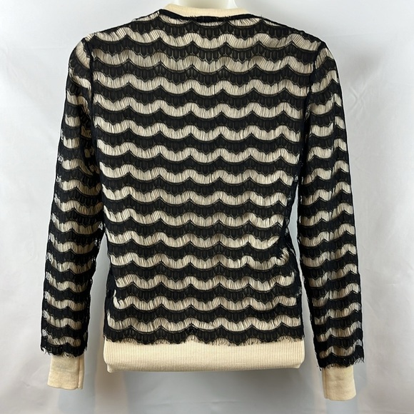 Trina Turk Eyelash Lace Overlay Black Cream Merino Wool Cardigan‎ Sweater Size P - Picture 7 of 9